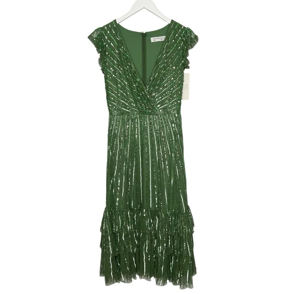Mac Duggal Sequined Wrap Over Cap Sleeve Ruffle Hem Dress Sage Size 6 NEW - Picture 7 of 15
